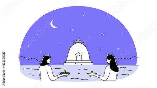Serene Nighttime Ritual, Two Women Offering Prayers at Stupa, Line Art Illustration