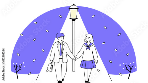 Cute Anime Couple Holding Hands Under Streetlight, Vector Illustration