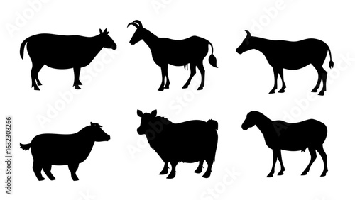 Silhouette Set, Sheep, Goat, and Ram Farm Animals - Black Vector Icons