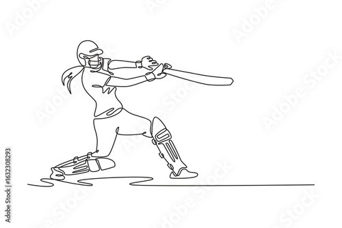 Single continuous line drawing side view of woman cricketer hitting the ball with bat for match or competition. Fitness training, performance or game. One line draw graphic design vector illustration