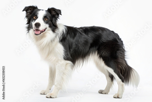 A cheerful black-and-white Border Collie standing proudly, with a friendly smile and wagging tail, ready for play, set against a white background.