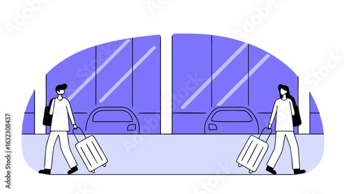 Flat Line Art Illustration, Couple Traveling with Luggage, Airport Departure