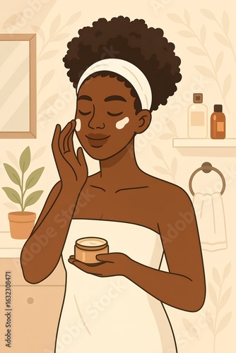 Relaxed woman applying facial cream in bathroom as part of skincare and self care routine in soft