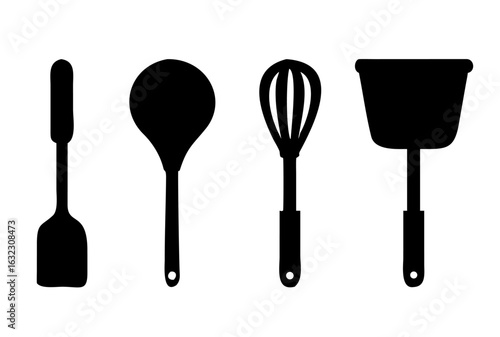 Black Silhouette Kitchen Utensil Icons, Spatula, Spoon, Whisk, Turner