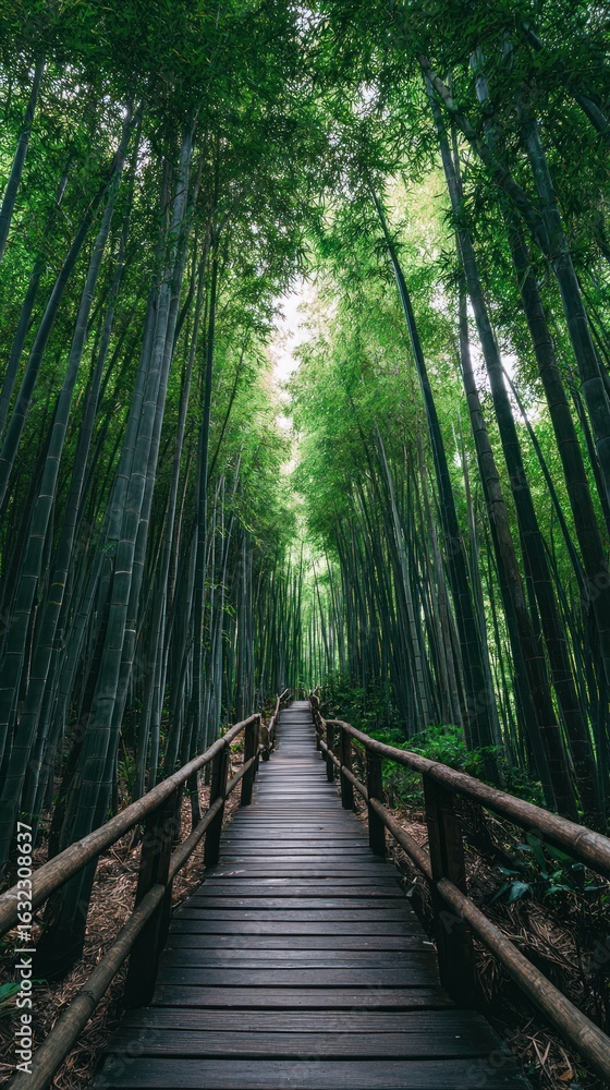 Obraz premium Wooden path through dense bamboo forest
