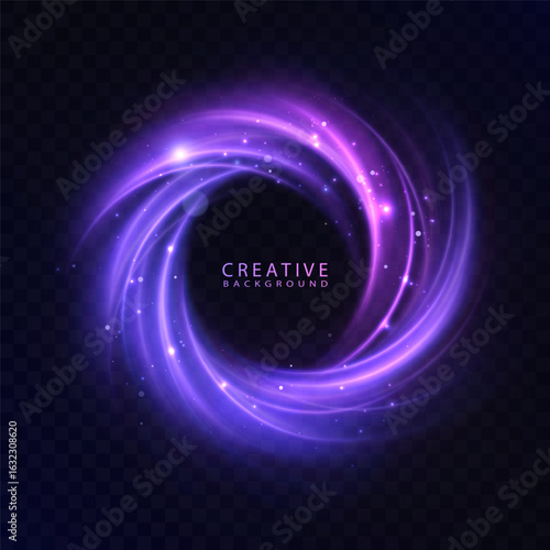 Glowing circular vortex of purple light trails with sparks on transparent background. Vector light background for portal design, energy effects creation.