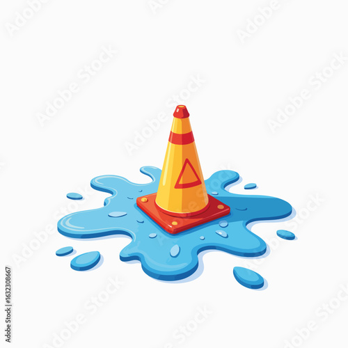 Caution wet floor with hazard cone and blue water splashes around it. The wet floor scenario with a bright hazard cone signals potential danger and calls for attention in various environments.