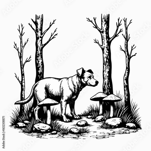 Dog exploring mushrooms in forest surrounded by trees and rocks. Dog is sniffing mushrooms on forest ground with wild trees creating a serene outdoor scene. Concept of nature with a playful canine.