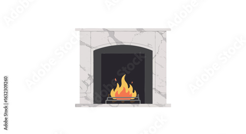 Elegant marble fireplace with cozy burning flame in minimalist setting