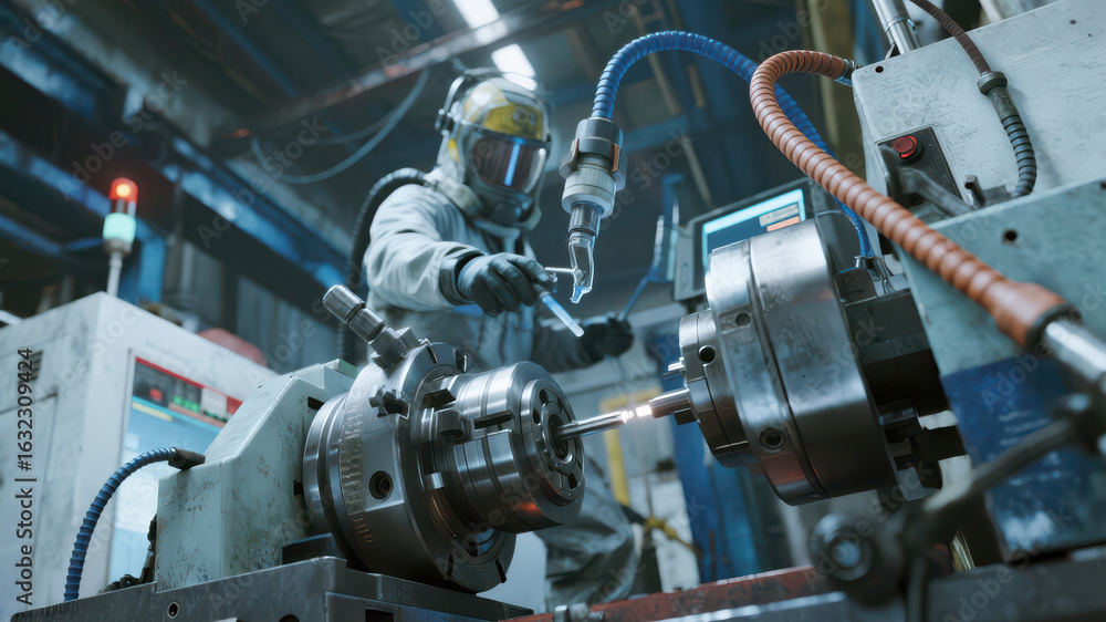 Obraz premium Worker in protective gear operating advanced machinery in an industrial setting