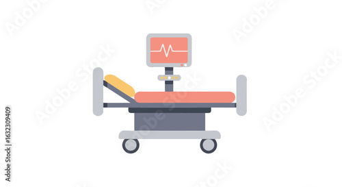 Medical hospital bed with heart monitor illustration on white background