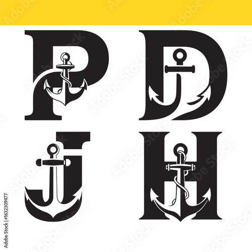 Nautical alphabet letters P, D, J, H with integrated anchor symbols, a creative monogram logo design set for maritime branding.