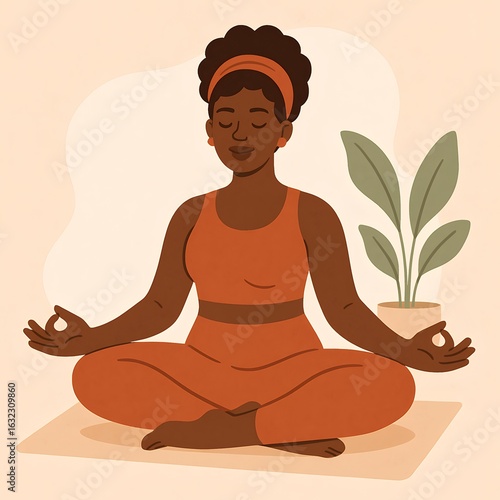 Peaceful woman meditating indoors on yoga mat practicing mindfulness and relaxation in calm illustrated scene