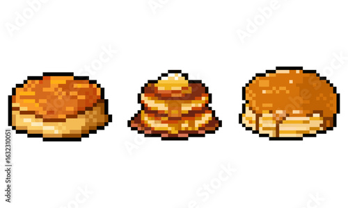 Pixel Art Pancakes and Biscuits Breakfast Set. A set of three pixel art illustrations of a classic breakfast featuring pancakes and biscuits.