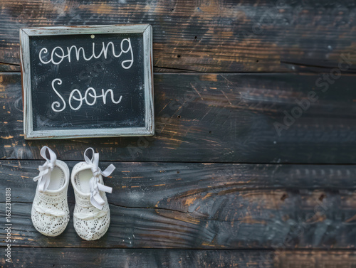 A chalkboard sign reading coming soon with baby shoes on a dark wooden textured surface background