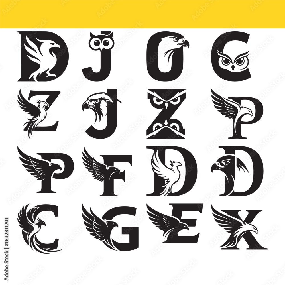 Obraz premium Collection of bold letter monograms featuring powerful birds of prey like eagles, hawks, and owls for emblem design.