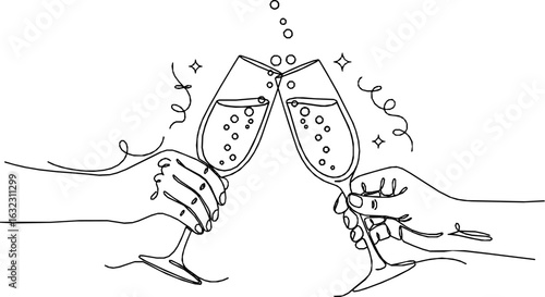 Continuous line champagne cheers one line art, continuous drawing contour. Hands toasting with wine glasses with drinks. Cheers toast festive decoration for holidays. Vector illustration