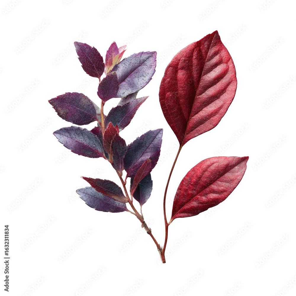 Obraz premium Close-up of contrasting purple-red leaves on a stem