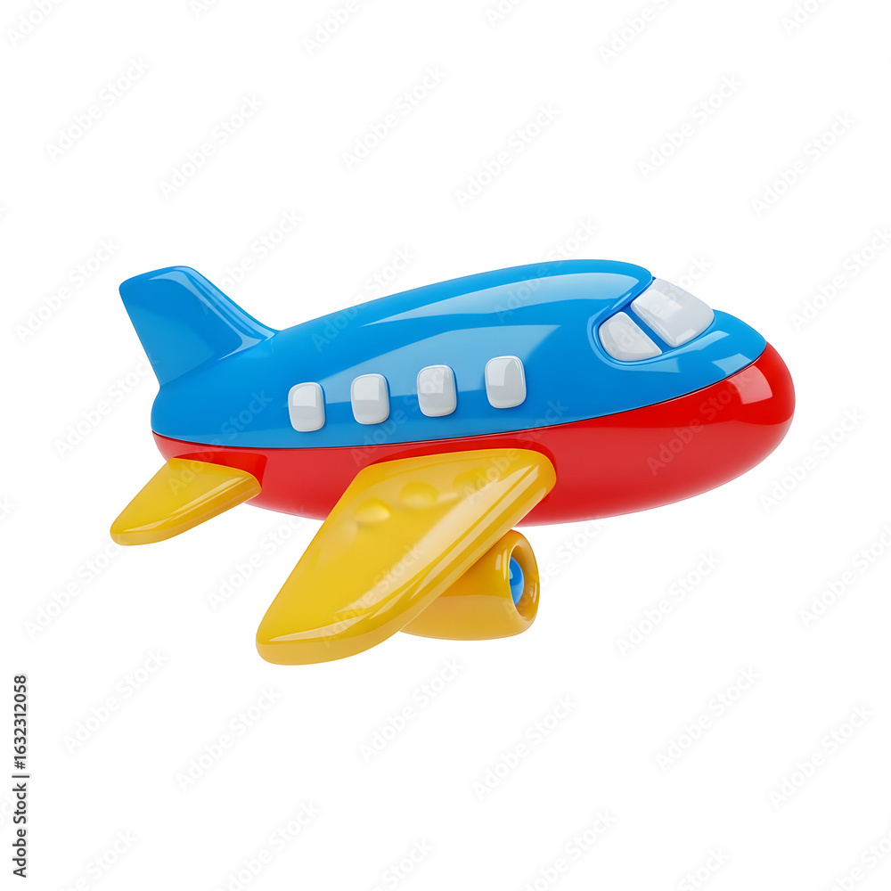 Fototapeta premium Colorful plastic toy airplane with a glossy blue red and yellow stylized design.