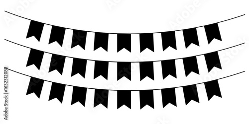 Bunting flags silhouette on string for birthday party decoration, holiday anniversary fabric garlands design, modern festive hanging decor. Isolated. Vector illustration.
