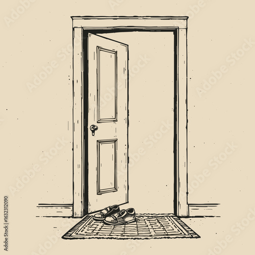 Open door with shoes on a mat, welcoming entrance illustration