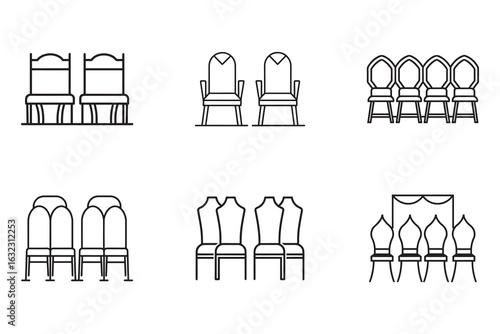 Set of Wedding Reception Ceremony Seating Arrangement Illustrations in Minimalist Outline Style for Designers