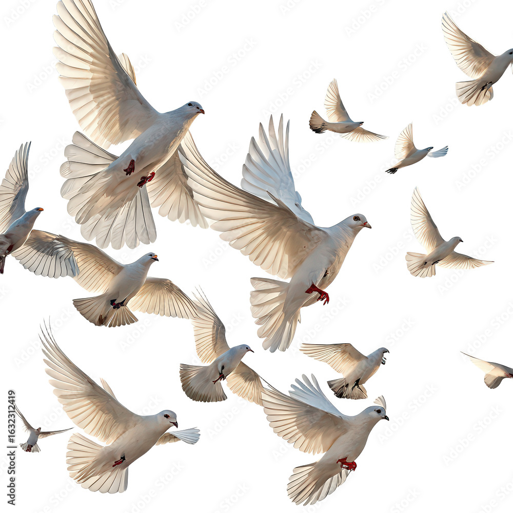 Obraz premium A swarm of doves flying in the sky image, group of birds in flight, isolated doves swarm, sky background, flying doves on transparent background, peaceful bird flock illustration