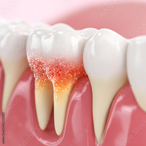 Gum boil growing painfully between healthy white teeth causing inflammation and infection requiring dental treatment by professional dentist
