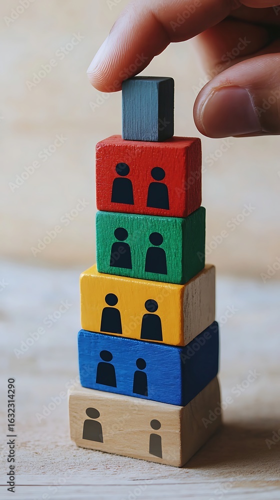Obraz premium Stacking Colorful Wooden Blocks with People Icons Team Building, Organization, and Leadership Concept