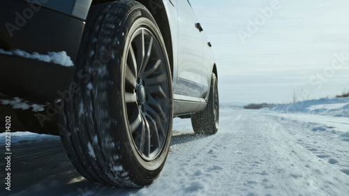 Vehicle driving on a snowy road with winter tires