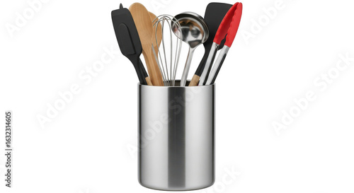 Kitchen utensils in a stainless steel holder isolated on transparent background