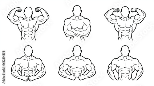 Stylized Bodybuilder Poses in Black and White Outline