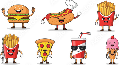 A cartoon illustration of various fast food items with smiling faces and small arms and legs