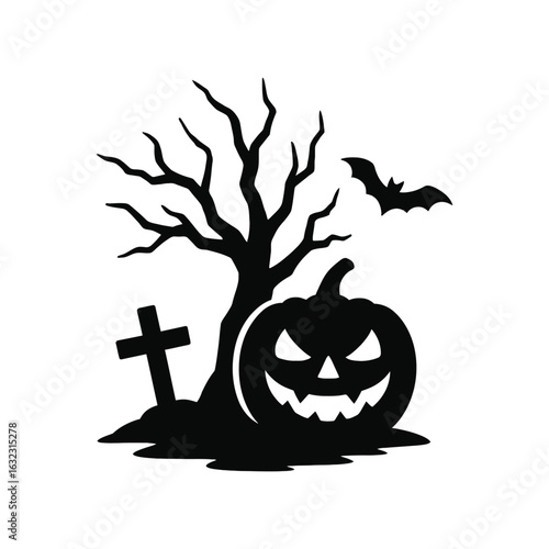 halloween pumpkin with bats and moon
