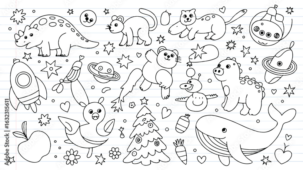 Fototapeta premium Whimsical Doodle Collection of Animals and Objects on Lined Paper