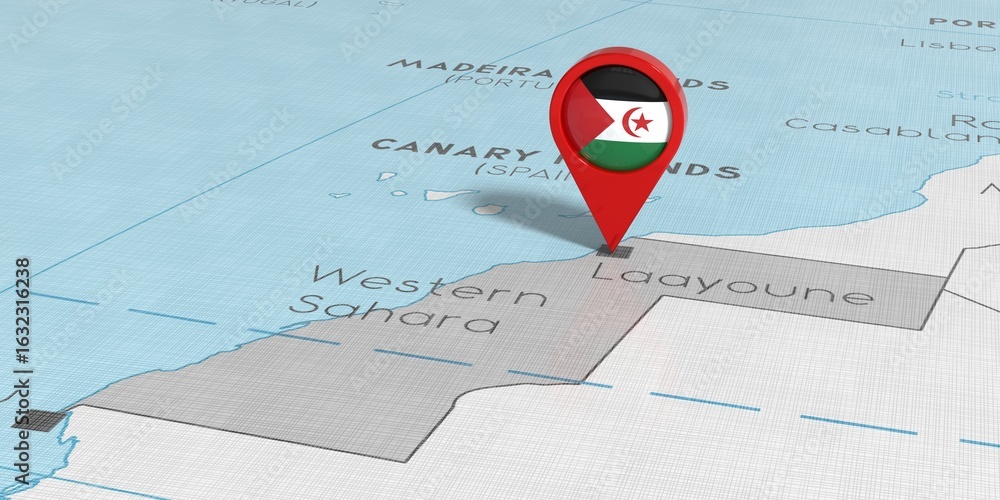 Fototapeta premium Western Sahara, Laayoune - location pin with national flag on political map - 3D illustration