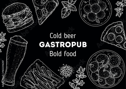 Gastropub menu. Pub food and beer. Hand drawn vector illustration. Food and drink sketch. Top view. Hand drawn food collection for gastropub or pub menu design. Beer,burger, pizza, french fries