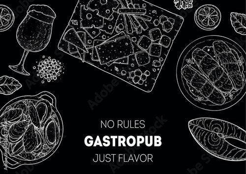 Gastropub menu. Pub food and beer. Hand drawn vector illustration. Food and drink sketch. Top view. Hand drawn food collection for gastropub or pub menu design. Beer and snacks.