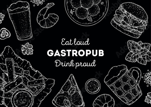 Gastropub menu. Pub food and beer. Hand drawn vector illustration. Food and drink sketch. Top view. Hand drawn food collection for gastropub or pub menu design. Beer, croutons, burger, pizza,snacks