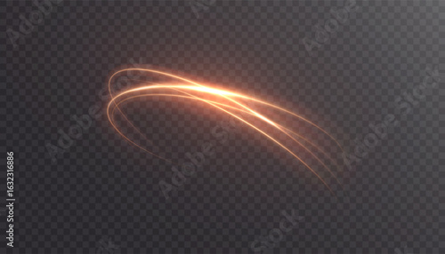 Bright, bright gold, glowing curved line with magic light effect. Glow effect for game interface design on transparent background.