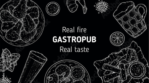 Gastropub menu. Pub food and beer. Hand drawn vector illustration. Food and drink sketch. Top view. Hand drawn food collection for gastropub or pub menu design. Beer, fried chicken, croutons, shrimps