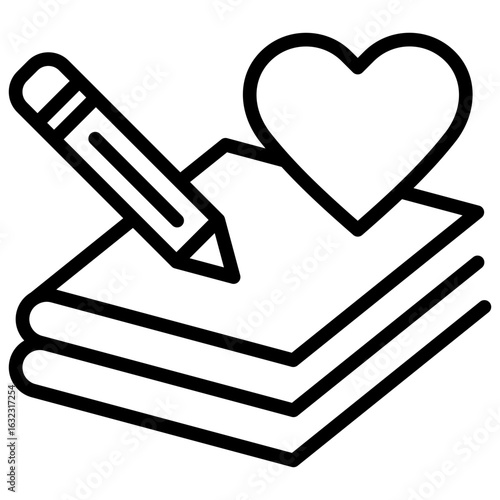 Donation Pledge Outline Icon Design Vector - Heart over paper stack and pencil, symbolizing donation commitment or written charity pledge