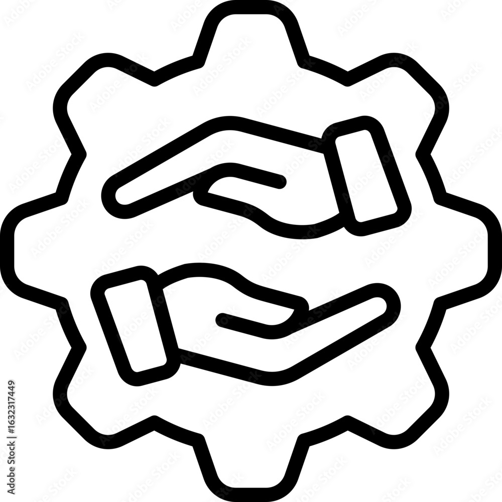 Fototapeta premium Technical Support Outline Icon Design Vector - Two hands facing each other inside a gear, symbolizing technical assistance, cooperation, and reliable support system