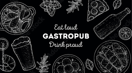 Gastropub menu. Pub food and beer. Hand drawn vector illustration. Food and drink sketch. Top view. Hand drawn food collection for gastropub or pub menu design. Beer,