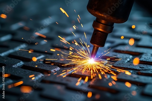 Photo of closeup of a metal cutting process with bright sparks flying off the material