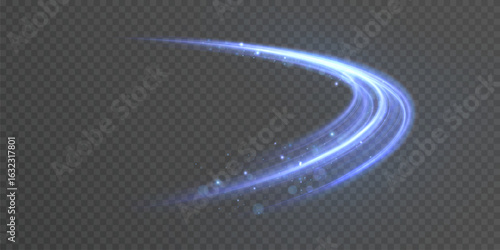 Bright blue glowing curved line with magic light effect. Glow effect for game interface design on transparent background.