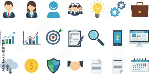 A collection of business and management related icons arranged in a grid on a white background
