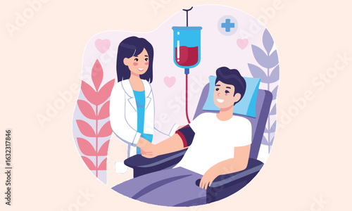 "Blood Donation Cartoon Illustrations – Smiling Patients and Caring Medical Staff"