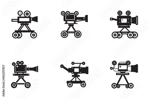 Vintage Film Camera Collection with Dolly Wheels Representing Cinema History and Filmmaking Technology in Minimalist Style