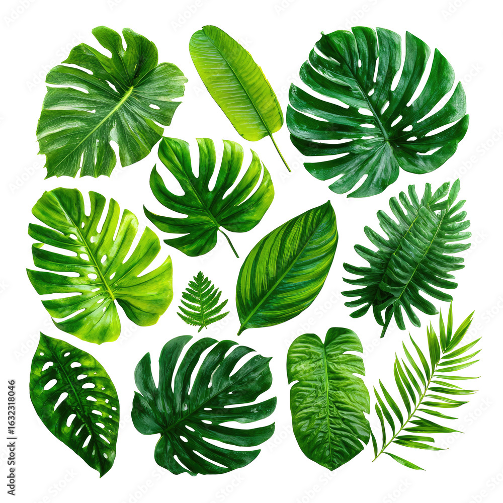 Fototapeta premium Lush arrangement of various tropical leaves, vibrant green tones, intricate leaf patterns, displayed in a square design